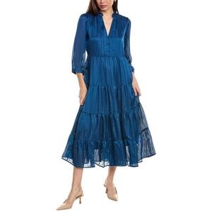 CROSBY by Mollie Burch Marine Blue Metallic Tiered Macrostie Midi Dress